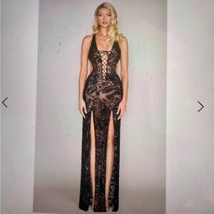Vixen Lace-Up Sheer Evening Dress with Front Slits